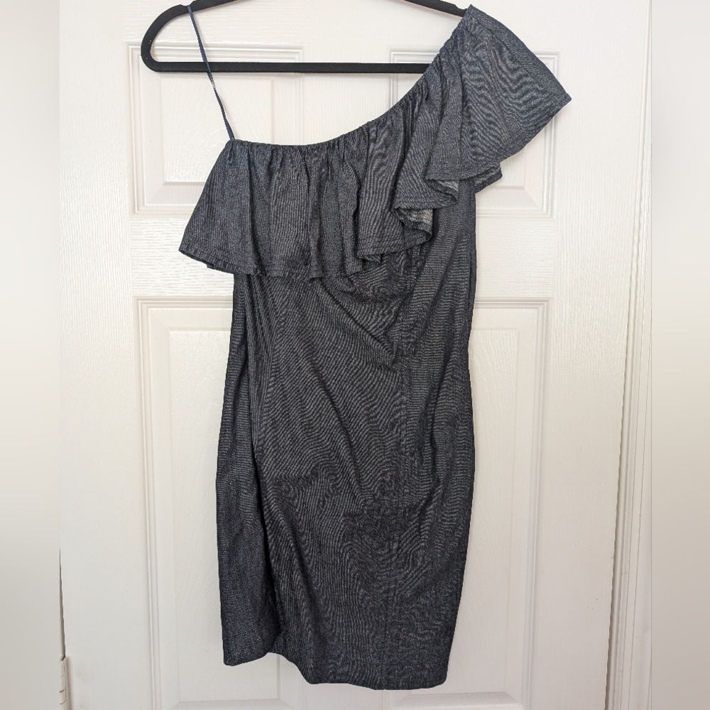 TRINA TURK Chambray One-Shoulder Ruffle Denim Look Dress
